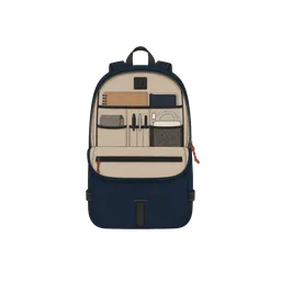A half-zip backpack opened to reveal its admin panel: a tan high-visibility interior with stacked slip pockets, a row of pen slots, a small zippered card pocket, and a notebook tucked in — everything laid out and visible at once.