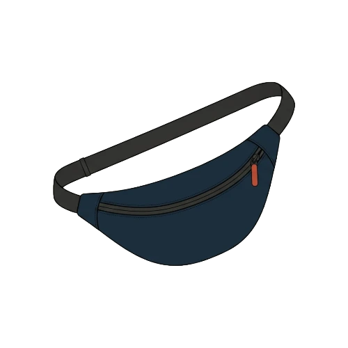 A sling bag shown laid flat: a single crescent-shaped body in navy with a horizontal terracotta-pull zipper across the front, and one wide diagonal cross-body strap.