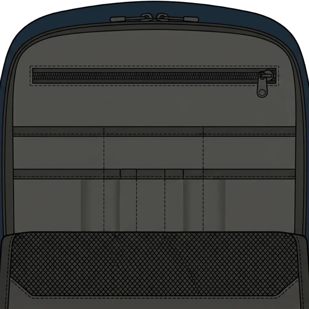 Top-down view of an opened front compartment showing a built-in admin panel: a slim horizontal zip pocket along the top, a row of elastic pen loops, and stitched slip pockets sized for cards and small notebooks.