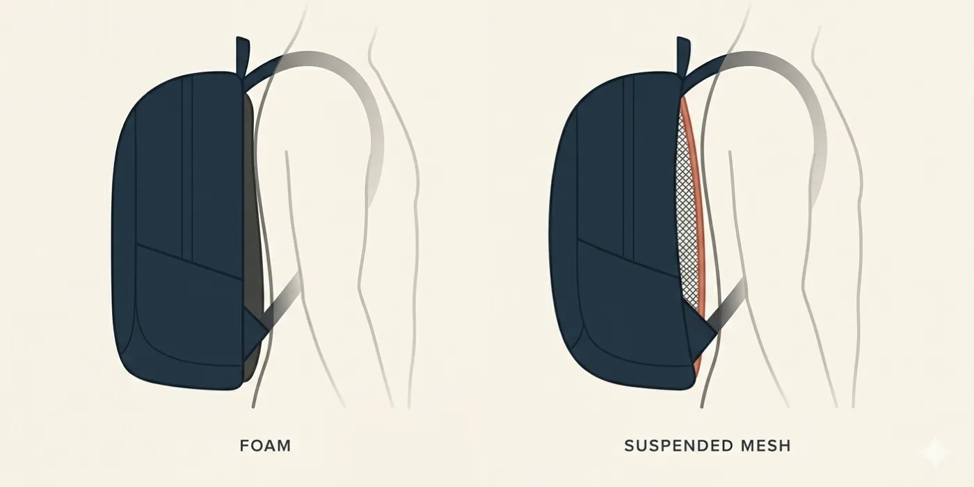 Side view of two backpacks against the same body silhouette. Left labelled "Foam": a flat foam back panel pressed directly against the wearer's back. Right labelled "Suspended mesh": a terracotta mesh panel tensioned across a frame, leaving an air channel between the bag and the body.