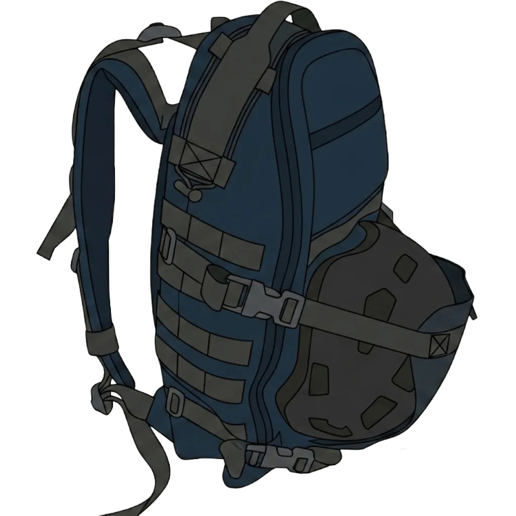 Side view of a technical pack with a beaver-tail panel buckled across the side, holding a helmet against the exterior by compression straps. The bag's MOLLE rows are visible underneath.