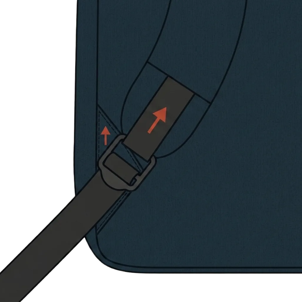 Detail of a compression strap anchored at the bottom corner of the bag — webbing routes through a low-profile buckle and back up toward the bag, with terracotta arrows showing the upward tension on both webbing legs.