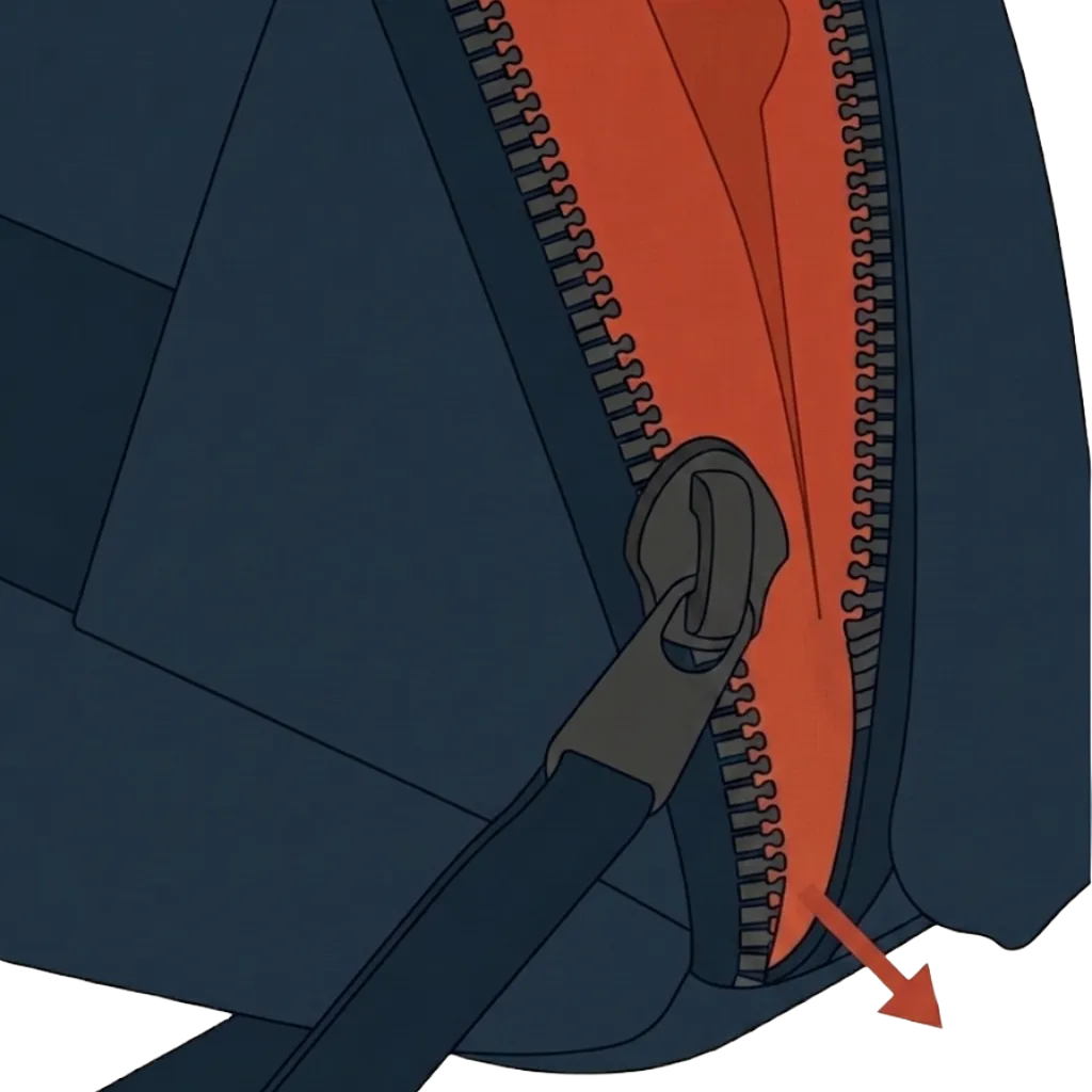 Close-up of a coil zipper splitting mid-track — the slider has run off and the teeth are gaping open, exposing a terracotta interior lining. A small terracotta arrow points down the open seam.
