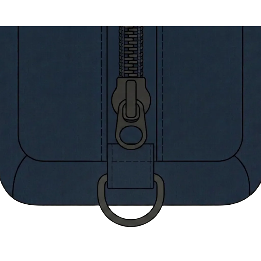 Corner of a bag showing a zipper slider parked at the bottom of its track, captured against a small webbing tab and an external D-ring — the counter-pull anchor where a carabiner or paracord loop locks the zipper closed.