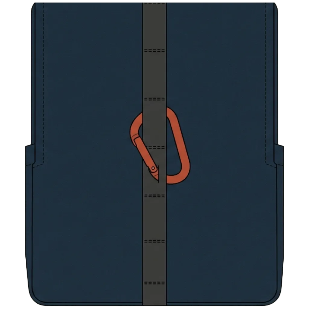 Front of a backpack with a vertical daisy chain: a single strip of nylon webbing tacked down at evenly spaced intervals, creating a column of small loops. A terracotta carabiner is clipped through one of the loops near the middle.