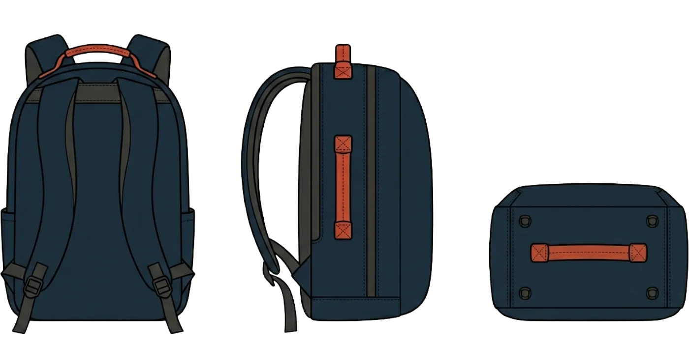 Three views of the same bag — back, side, bottom — each with a terracotta-trimmed grab handle anchored to the body by bar-tacked rectangular patches at every endpoint.