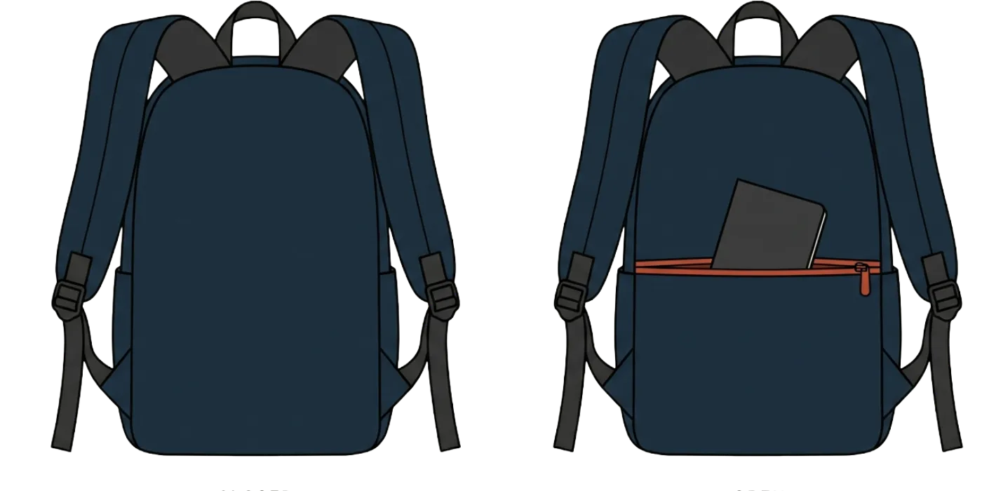 Two backs of the same bag side by side. Left: a clean back panel with no visible pocket. Right: the same back panel with the pocket opened, a terracotta-pull horizontal zipper revealing a passport-sized slip slot against the spine.