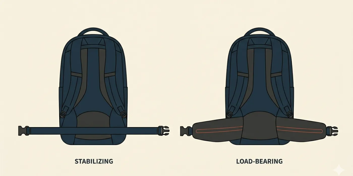 Two backpacks shown from the back with their hip belts unbuckled and extended to either side. The left bag's belt is a thin flat strap; the right bag's belt is thick, sculpted, and padded with structural padding.