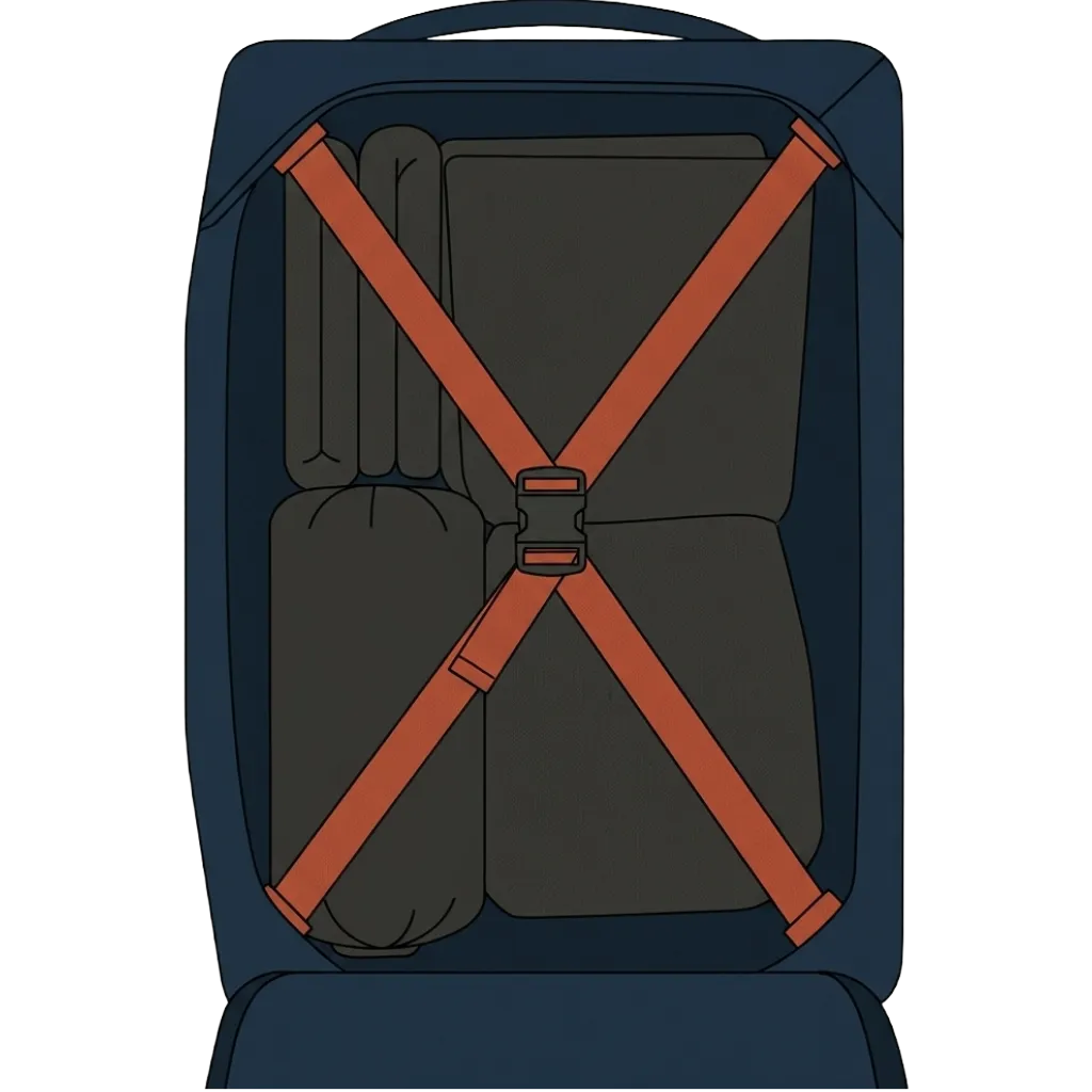 Top-down view inside an opened bag: a pair of terracotta webbing straps cross in an X across the main compartment, buckled at the center, pinning packed clothing flat against the back panel.