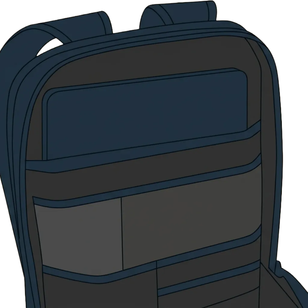 Interior of a backpack opened toward the back panel: a laptop slid into a padded sleeve sits against the back wall, an organizer pocket layer below it. The sleeve stops short of the bag's actual floor, leaving the false-bottom air gap visible.