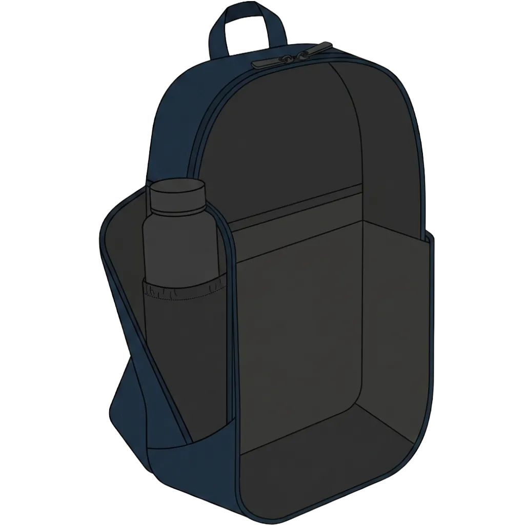 Cutaway view of a backpack with the main compartment opened. An internal bottle sleeve is sewn against the inside of the side wall, holding a water bottle vertically and sealed off from the rest of the cavity, so a leak would stay contained.