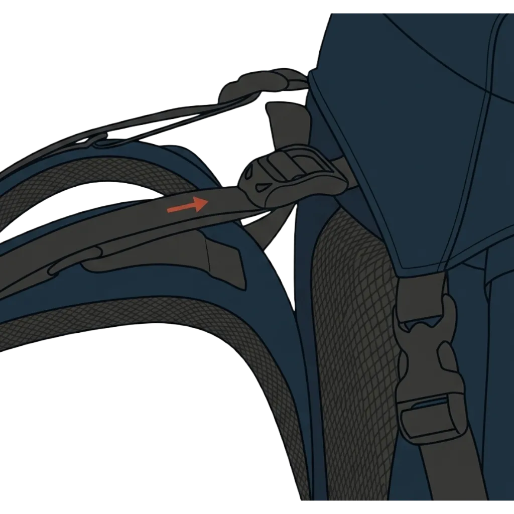 Close-up of the top of a shoulder harness on a backpack: the load lifter strap connects the top of the shoulder strap to the upper frame anchor at roughly 45 degrees. A terracotta arrow shows the tightening direction that pulls the pack toward the spine.