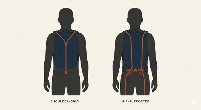 Two body silhouettes wearing the same backpack: the left labelled "shoulder-only" shows a terracotta load path running from the bag's top down both shoulder straps and stopping at the chest; the right labelled "hip-supported" shows the load path routing through the shoulder straps, down through a hip belt across the iliac crest, and continuing down through both legs to the ground.