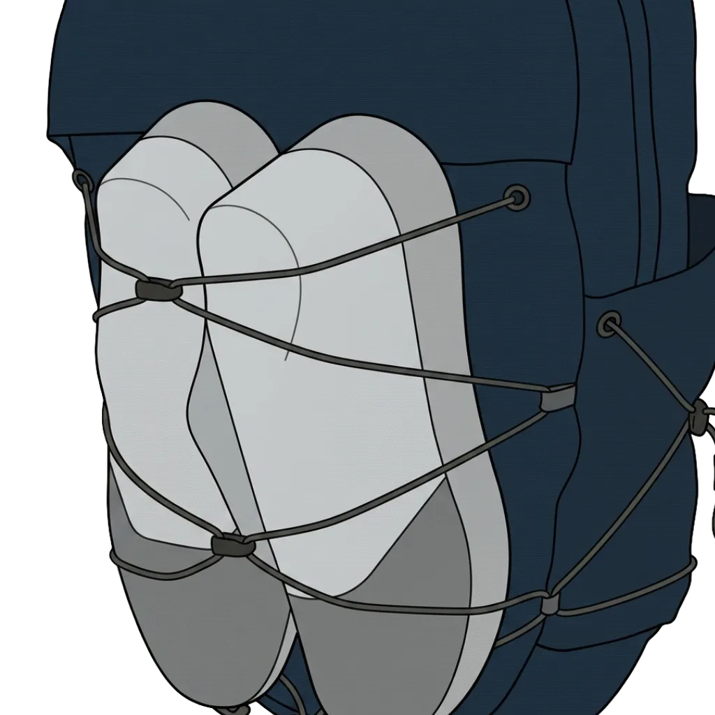 Front of a bag laced with elastic cord in a zig-zag pattern across plastic anchor points, gripping a pair of shoes flat against the exterior face.