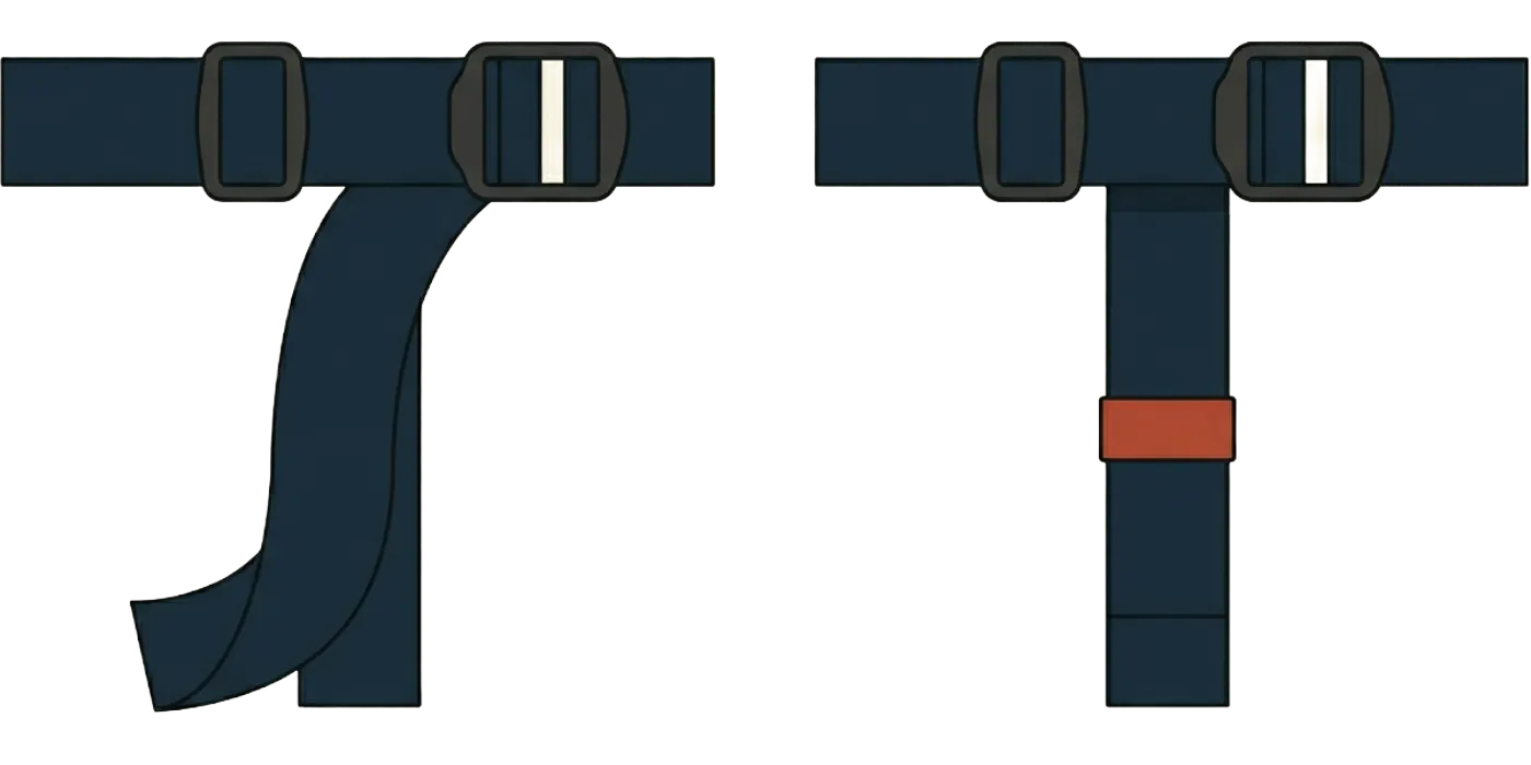 Two adjustment-point details side by side. Left: a webbing strap with excess dangling unchecked below the buckle. Right: the same strap with the excess folded and held flat against the body of the bag by a terracotta elastic keeper loop.