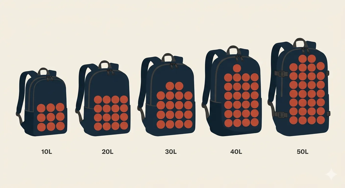 Five backpack silhouettes scaled up left to right — 10L, 20L, 30L, 40L, 50L — each filled with dots to show how the carry envelope grows across the range.