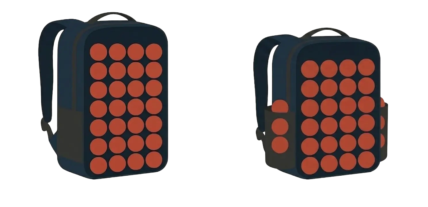 Two 30L backpacks side by side, both packed with the same 28 dots. Left: one cavity, all dots stacked in the main compartment. Right: a main compartment plus two side pockets, dots distributed across all three.