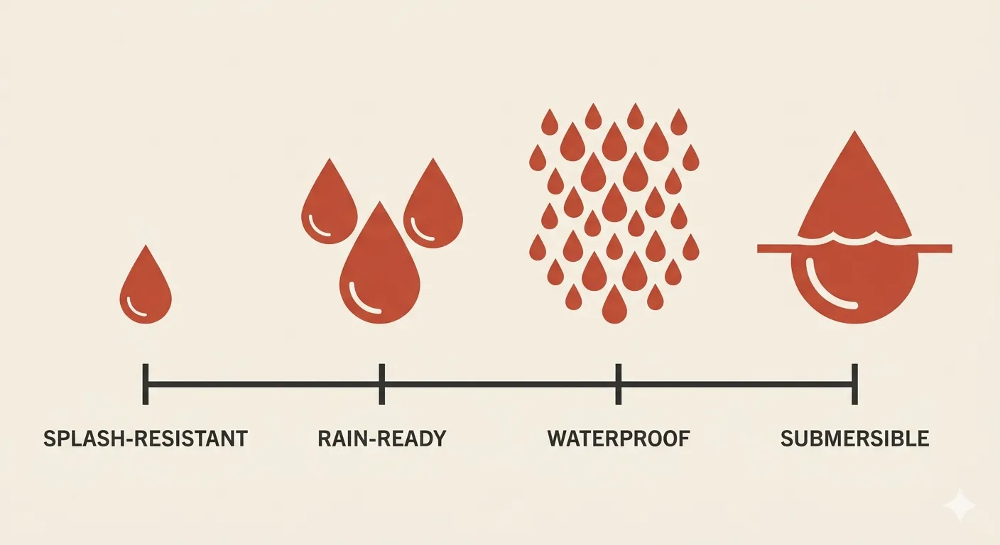 A horizontal scale with four points labelled left to right — splash-resistant, rain-ready, waterproof, submersible — illustrated by an increasing cluster of terracotta water droplets at each step, ending in a droplet half-submerged in a horizontal water line.