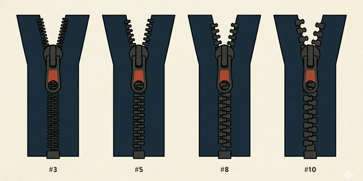 Four zippers side by side at the same scale — #3, #5, #8, #10 — showing how the tooth pitch and slider mass scale up across the four common bag sizes.